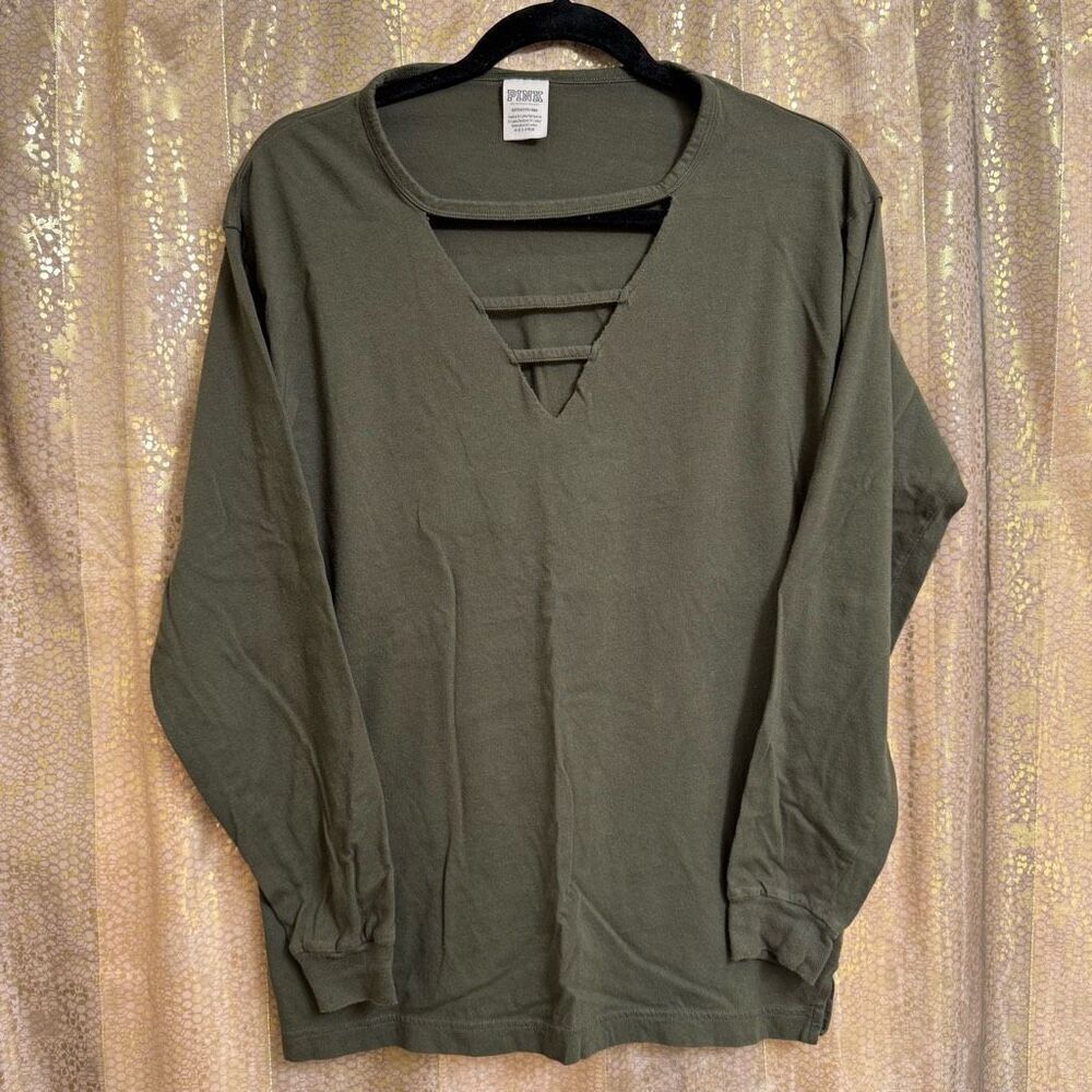 PINK Victorias Secret Army Green White Dog Logo Cutout Campus Shirt Small